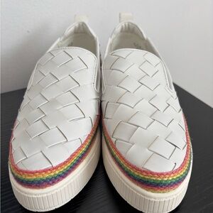Franco Sarto White Woven Slip-On Shoes with Rainbow Trim